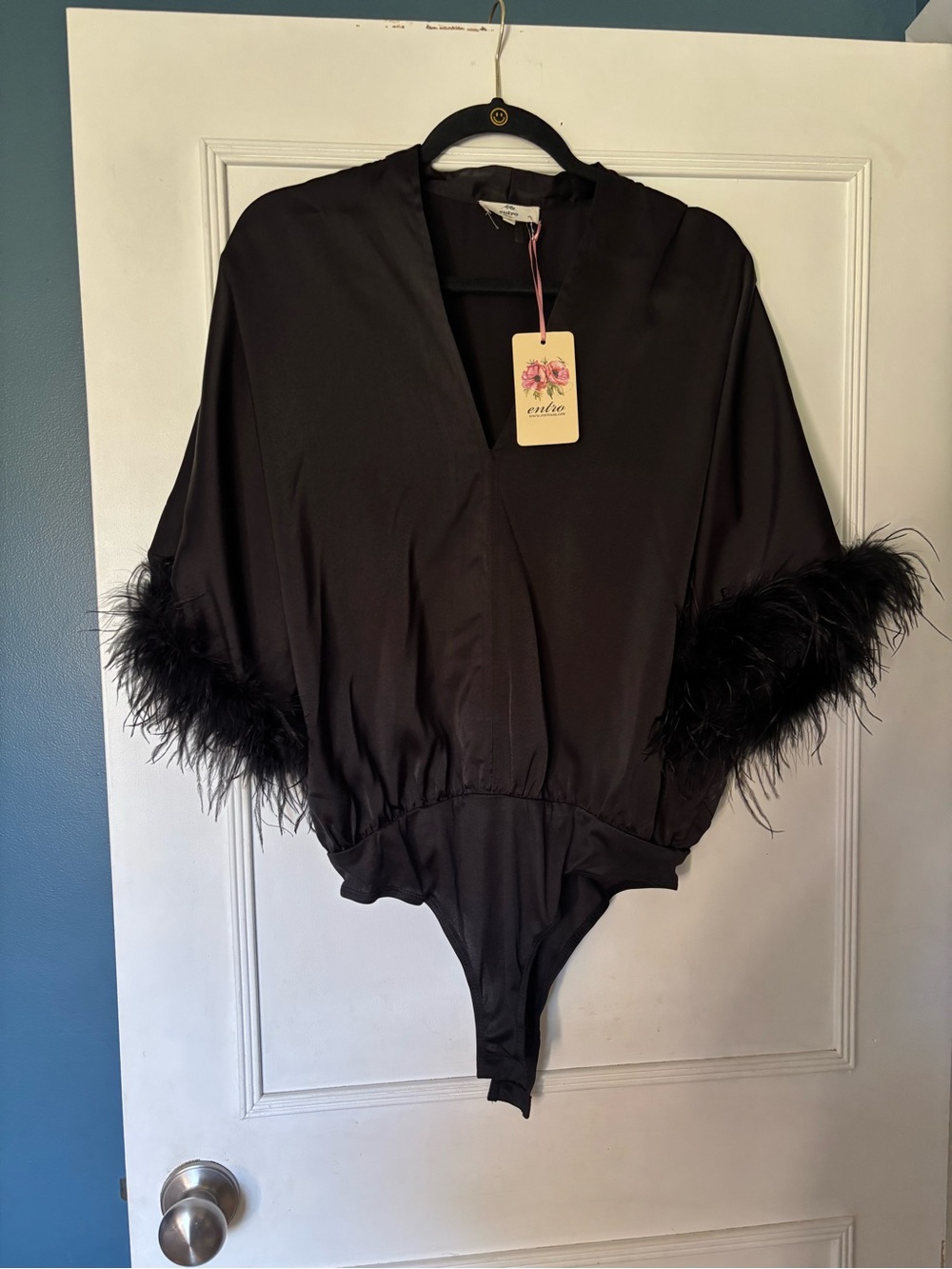 entro Black Feather-Trim Satin Bodysuit